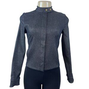 MNG Denim Jacket Women's Dark Blue Long Sleeve Gold Buttons High Collar Sz S